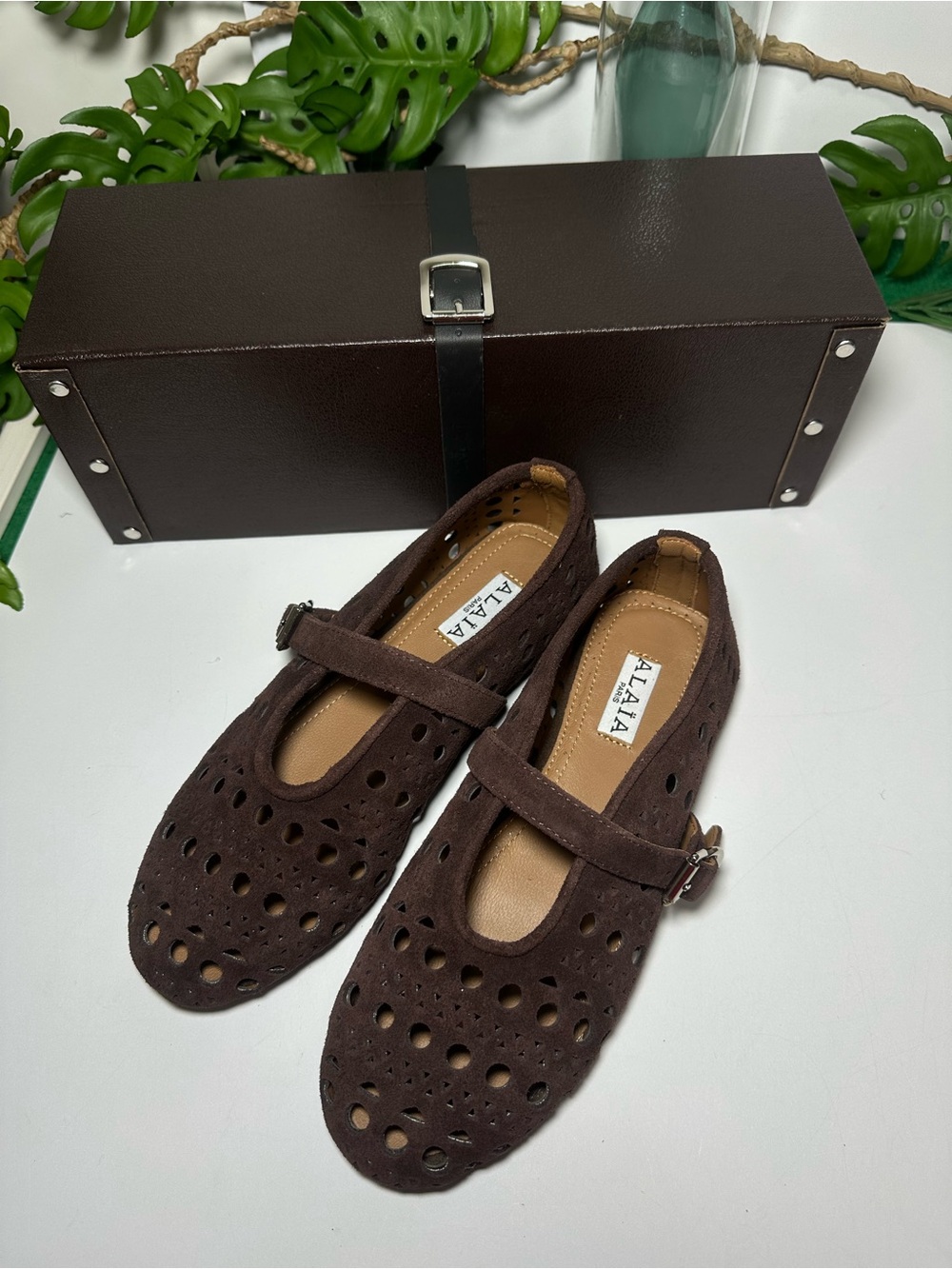 Alaia Dark Brown Suede Perforated Mary Jane Flats